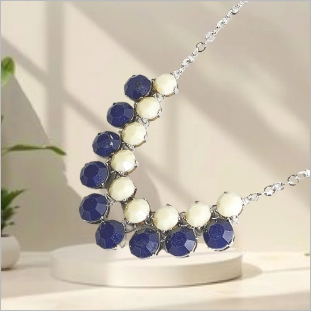 Elegant Blue and Cream Beads on Silver Tone Necklace